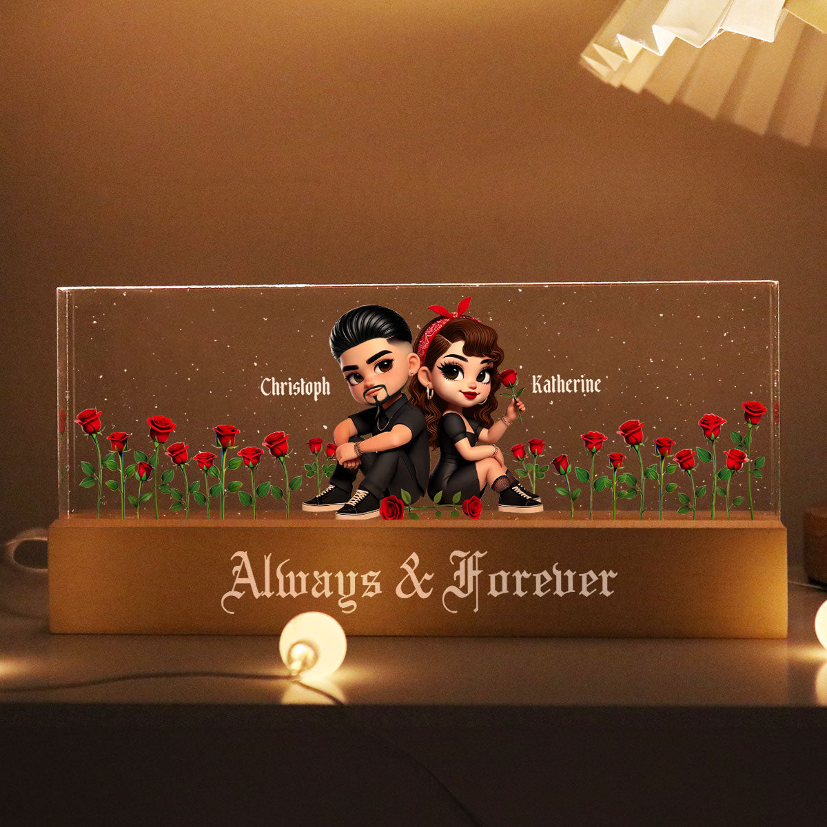 Pretty Couple Roses Heart Together Since Personalized Acrylic Block LED Night Light, Gift, Anniversary Gift for Couples