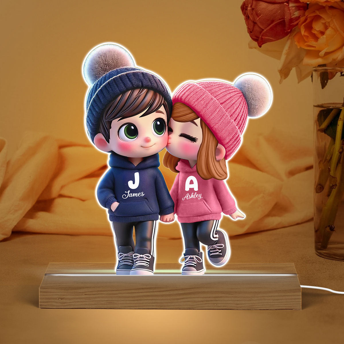 3D Effect Cute Cartoon Couple Walking Personalized Custom Shaped LED Night Light, Gift for Him, Gift for Her