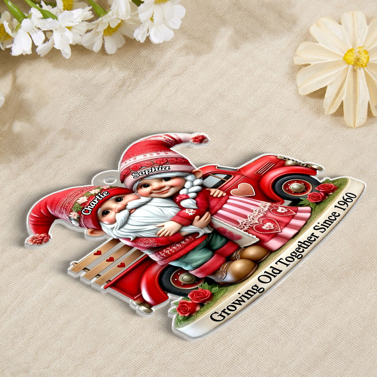 3D Effect Gnome Old Couple And Truck Personalized Car Hanger Ornament, Gift For Couple, For Him, For Her, Husband, Wife