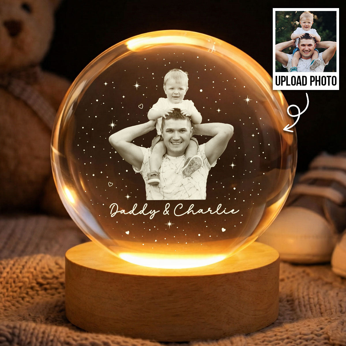 Dad And Kid Custom Upload Photo - Personalized Crystal Ball LED Night Light - Gift For Dad