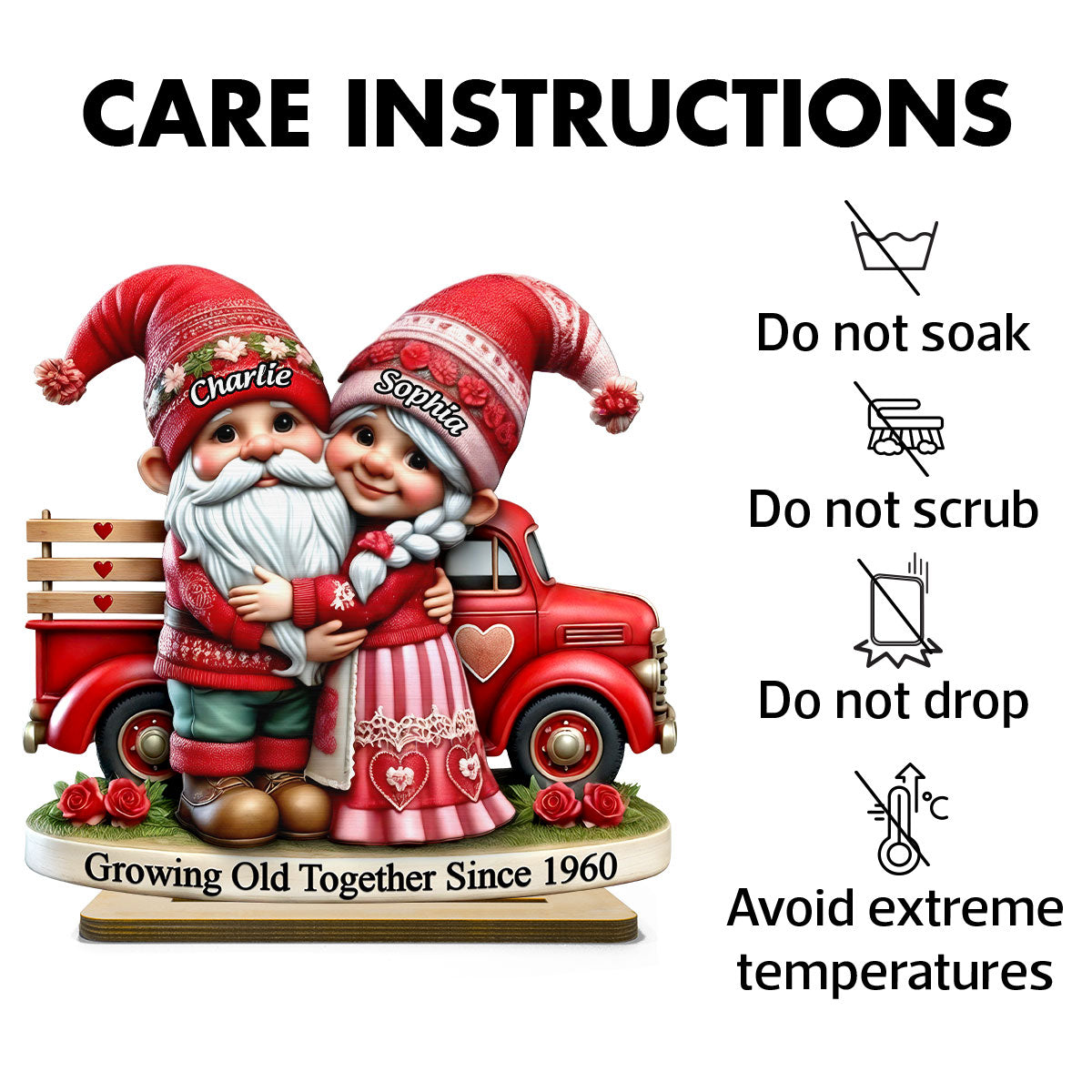 3D Effect Gnome Couple Truck Personalized 2-Layer Standing Wooden Plaque, Heartfelt Gift For Her, For Wife