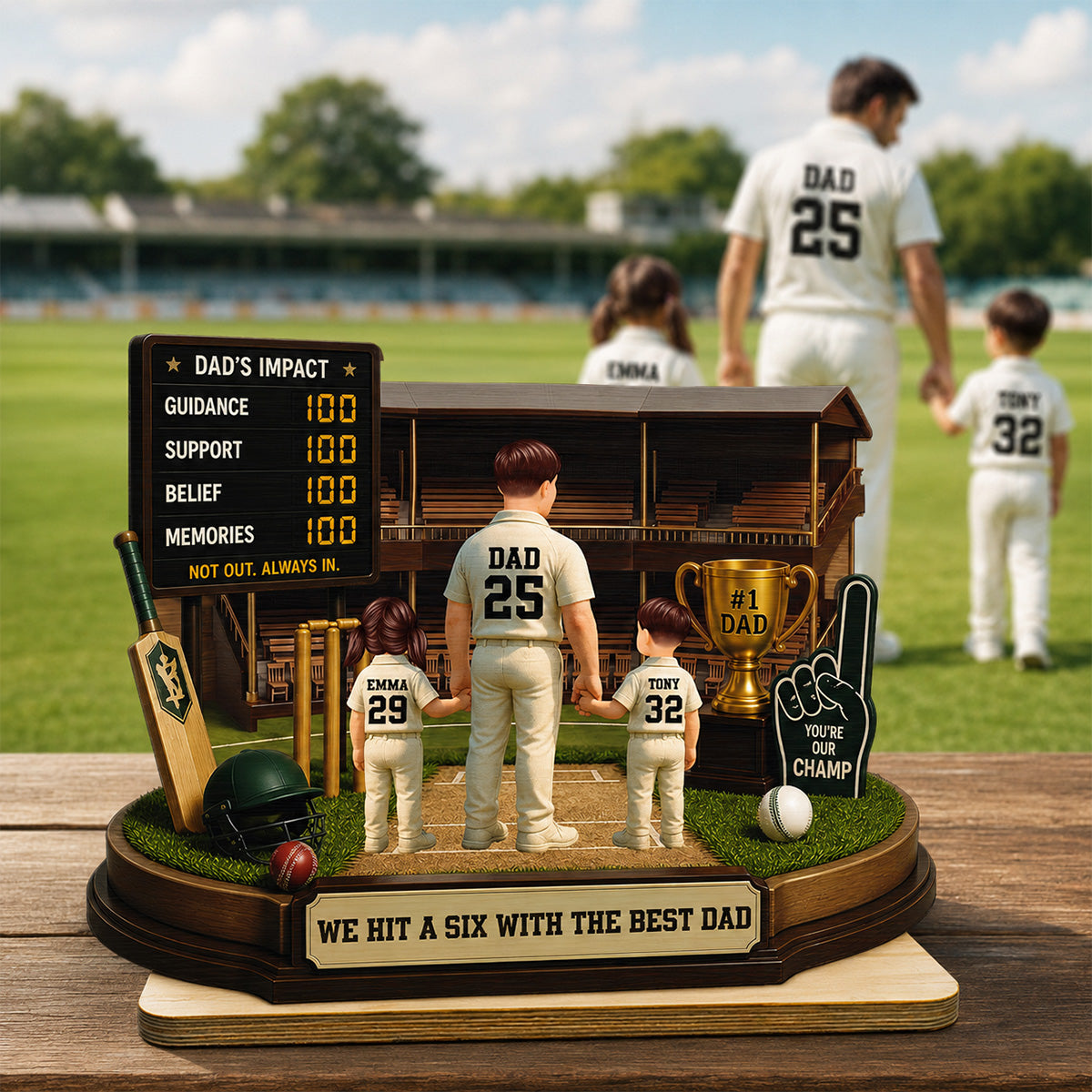 Hit A Six With The Best Dad Cricket Dad - Personalised 2-Layered Wooden Plaque - Gift For Husband, Dad