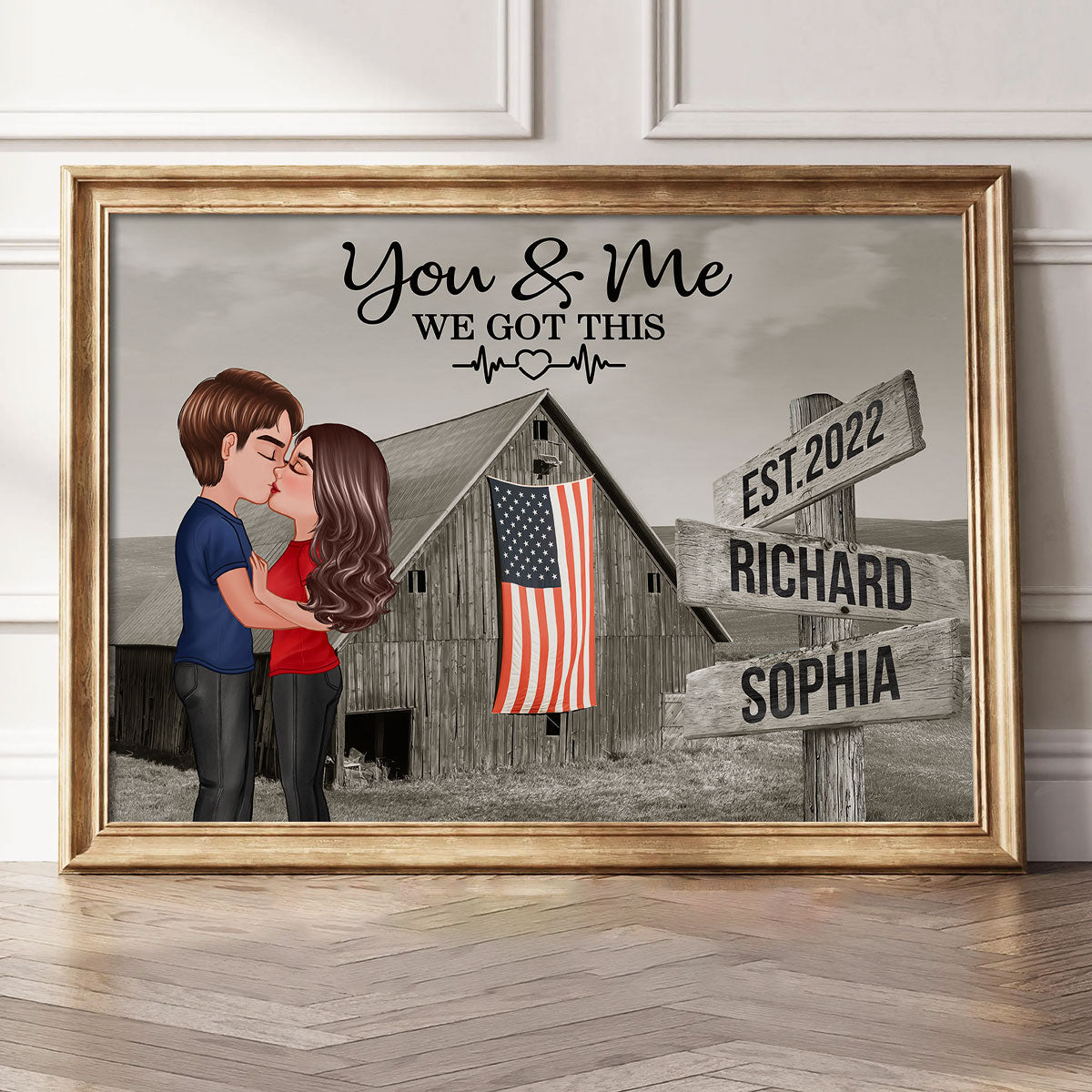 Retro Barn American Flag Thin Blue Line Hero Couple Personalized Poster, Anniversary Gift For Him, Her, Husband, Wife, Proud Occupation