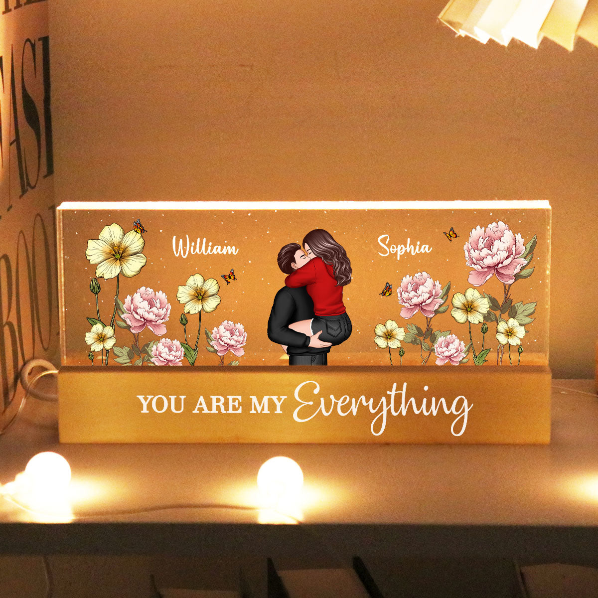 Couple Embracing Kissing Birth Month Flower Personalized Acrylic Block LED Night Light, Heartfelt 2025 Gift For Couple, For Him, For Her, Boyfriend, Girlfriend, Husband, Wife
