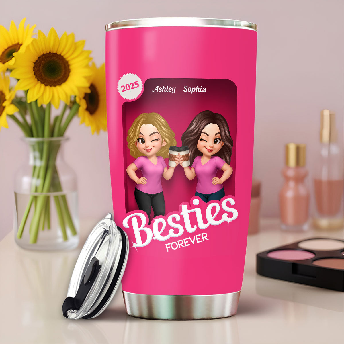 Besties Partner In Crime Pink 3D Effect Action Figure - Personalized Tumbler