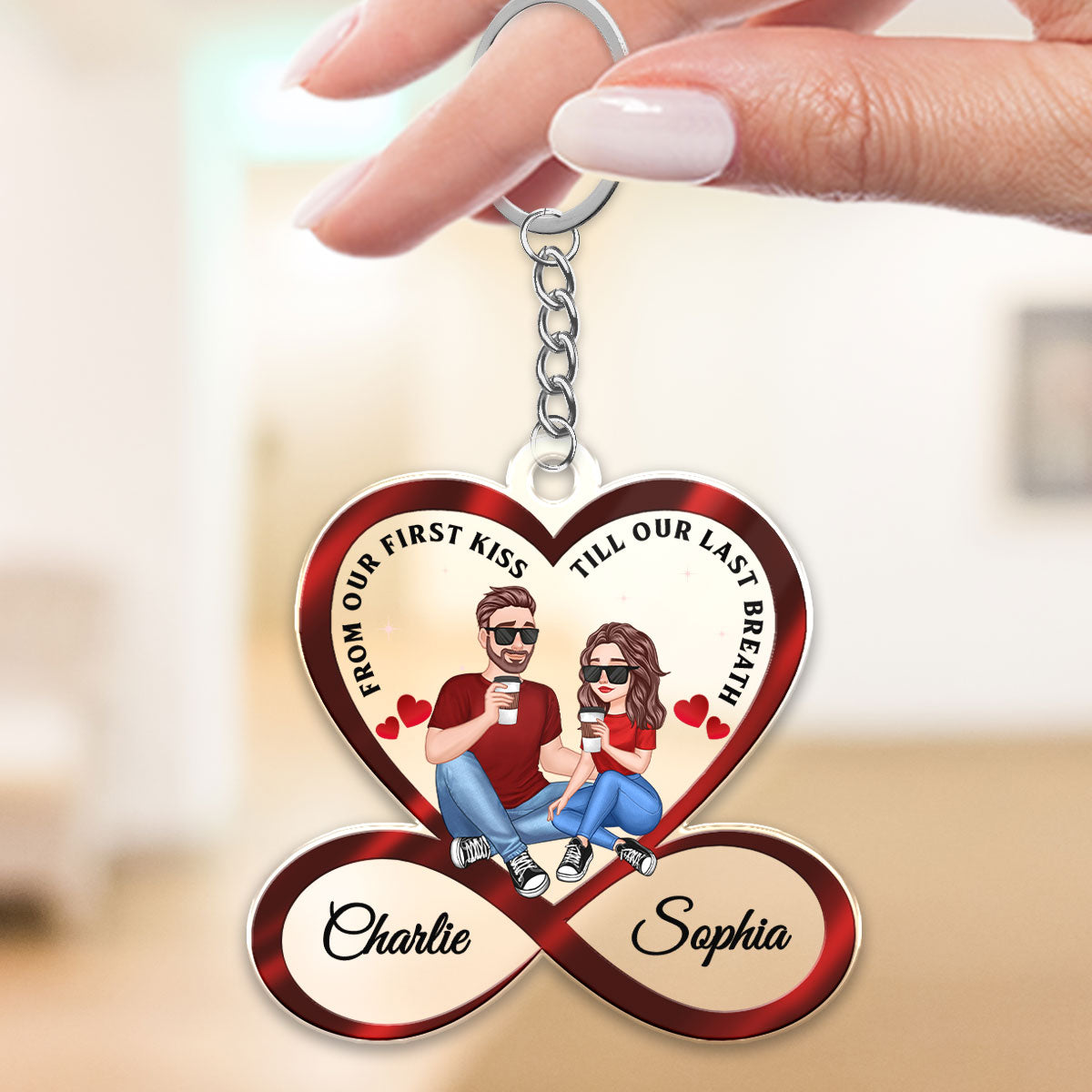 Infinity Heart Cartoon Couple Sitting Anniversary Gift For Him Gift For Her Personalized Acrylic Keychain
