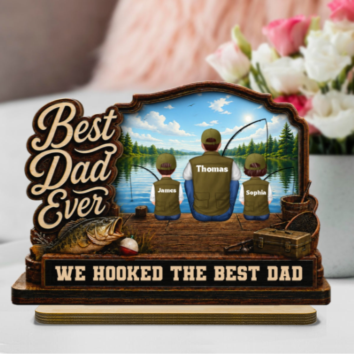 We Hooked The Best Dad Papa Fishing Man & Kids Back View 2D Flat - Personalized 2-Layered Wooden Plaque - Gift For Hunting Dad, Grandpa