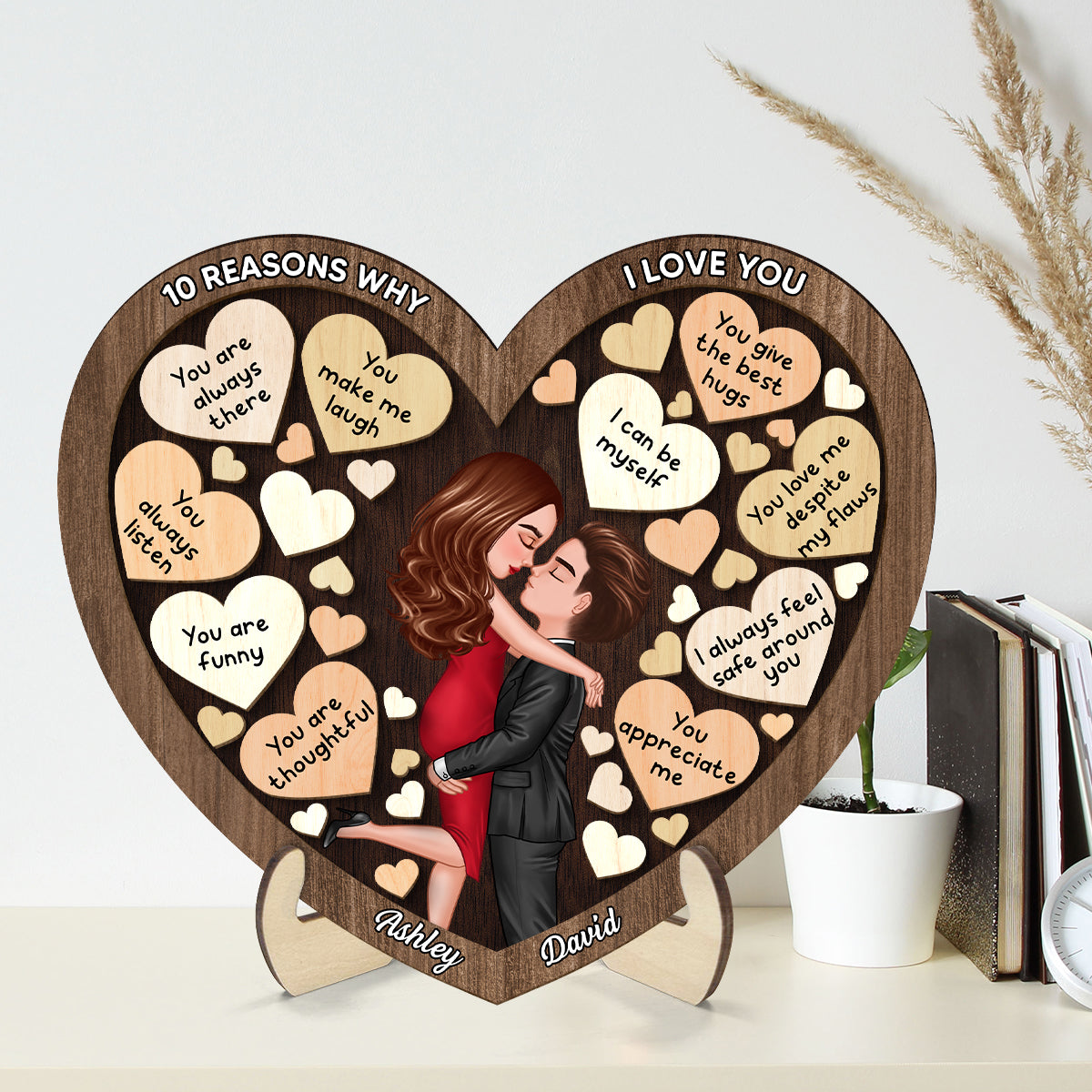 Couple Kissing In Heart Reasons I Love You Personalized 2-layer Wooden Plaque, Gift For Him, Gift For Her