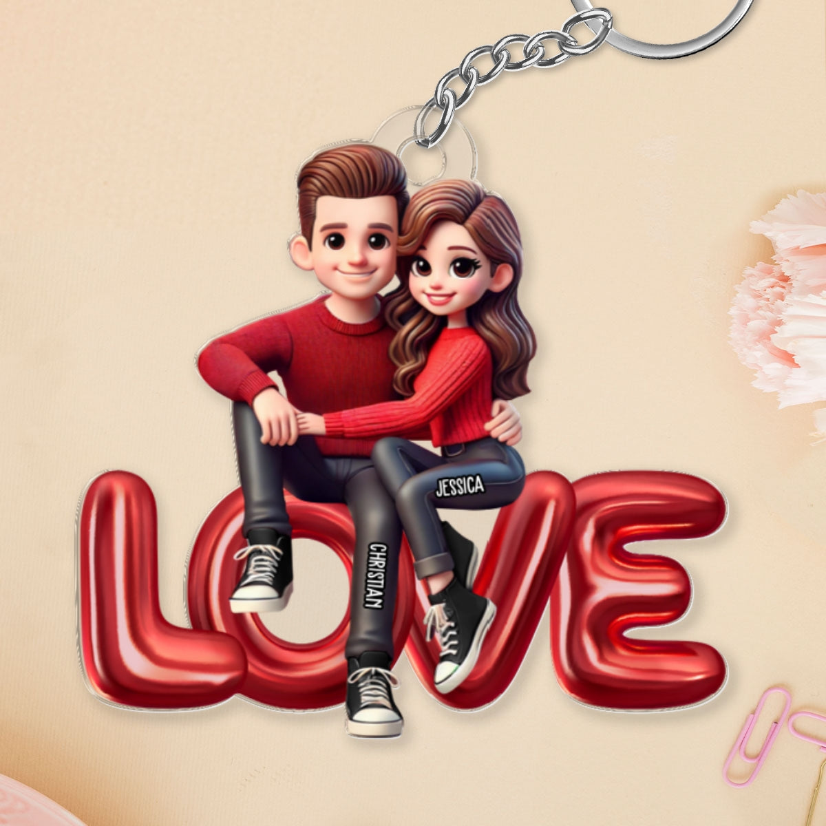 3D Effect Couple Sitting On LOVE Personalized Acrylic Keychain, gift, Anniversary Gift for Couples