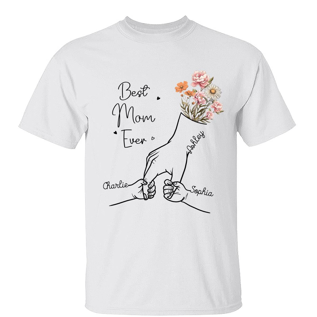 Best Mom Grandma Ever Outline Kids Holding Hand Birth Flowers Personalized Shirt