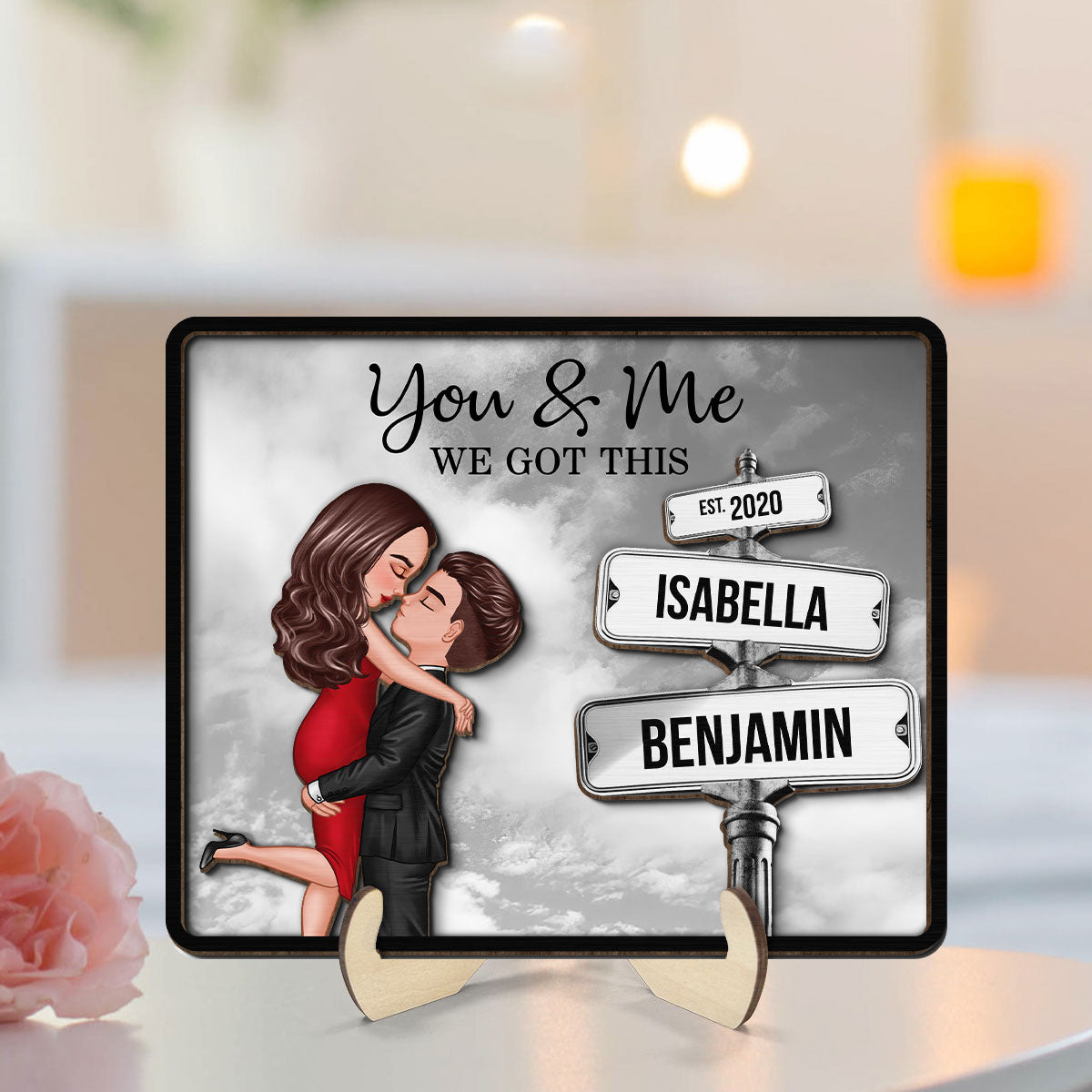 Couple Hugging Milestone Together Personalized Crossroads Street Sign 2-Layered Wooden Plaque, Best Home Bedroom Desk Decor For Couples, Gift For Her, For Him