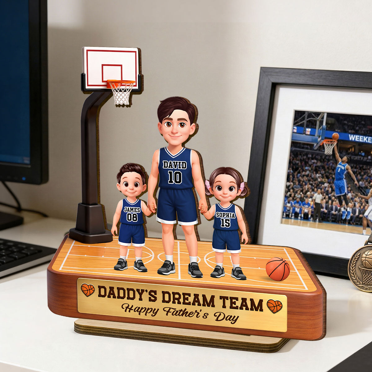 Basketball Daddy's Dream Team - Personalized 2-Layered Wooden Plaque - Gift For Dad, Husband