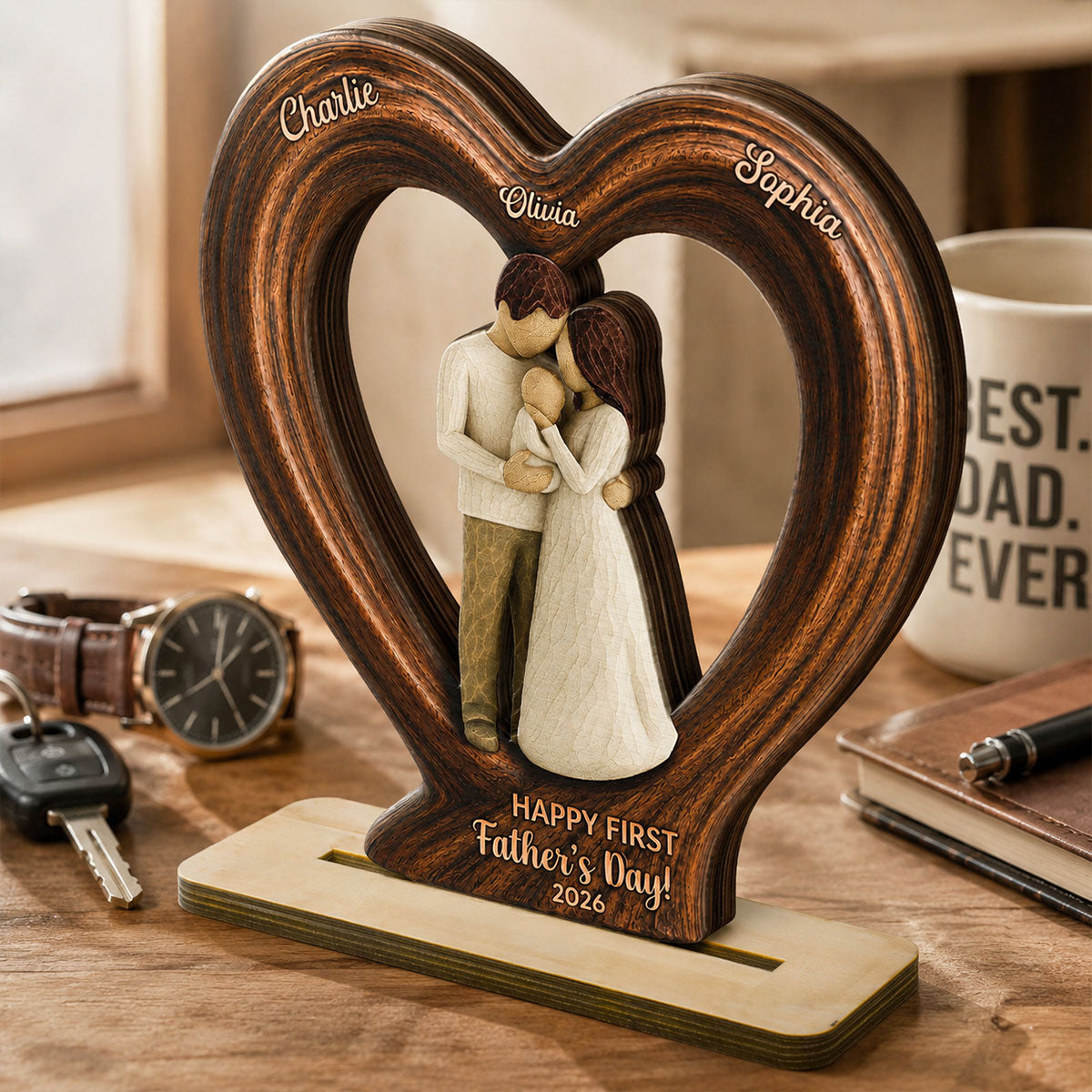 Happy First Dad From Mom And Baby 2D Flat Heart - Personalized 2-Layered Wooden Plaque - Heartfelt Gift For Husband, New Dad