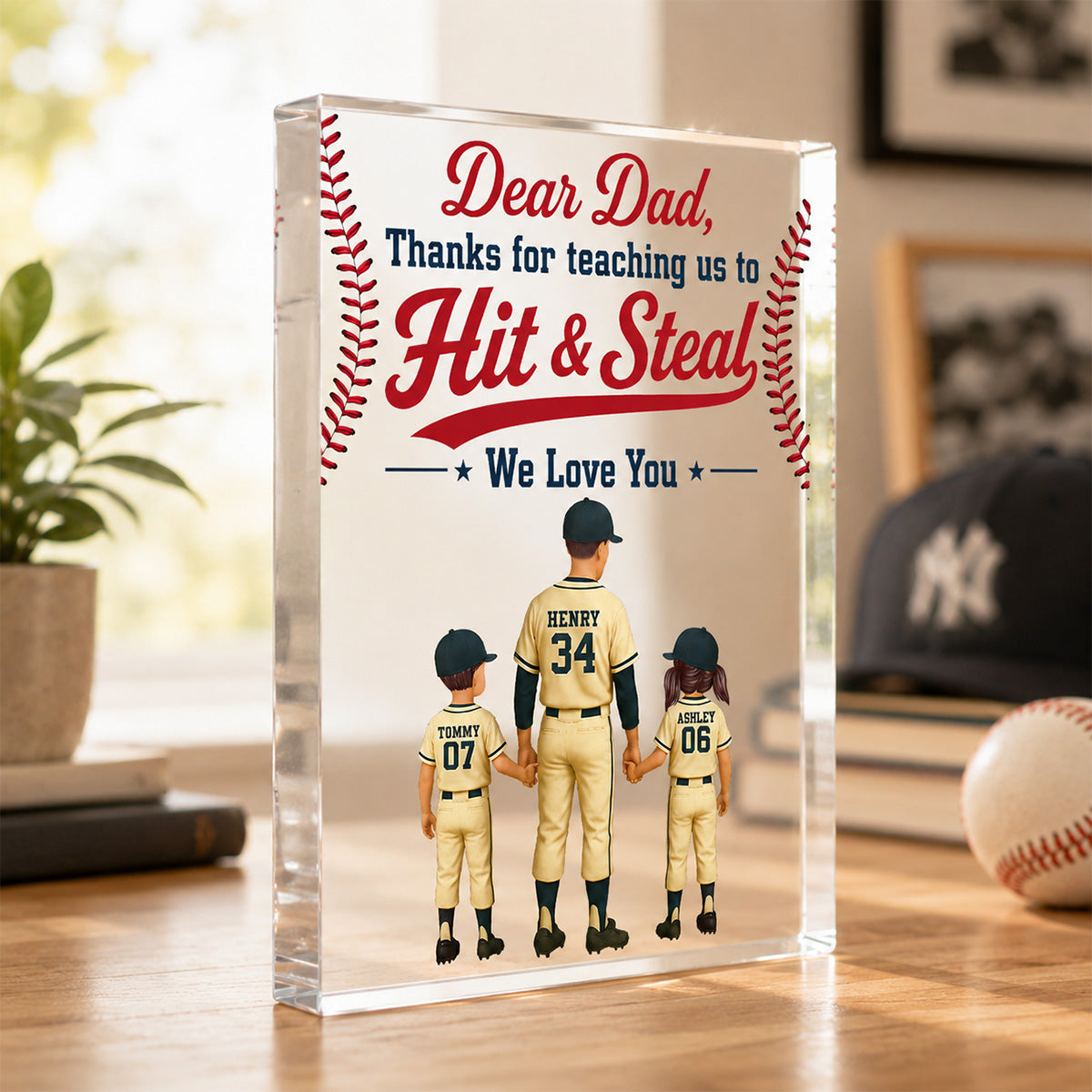 Thank You For Teaching Us To Hit & Steal Baseball Dad & Kids - Personalized Acrylic Block Plaque - Gift For Dad, Husband