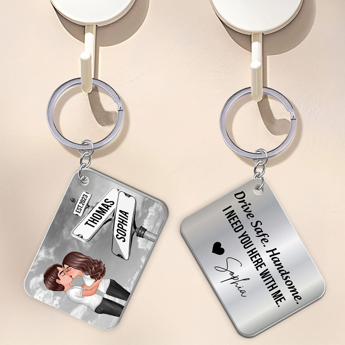Drive Safe Couple Kissing Vintage Crossroads Street Sign Personalized Metal Keychain, Anniversary Gift For Him, Boyfriend, Husband