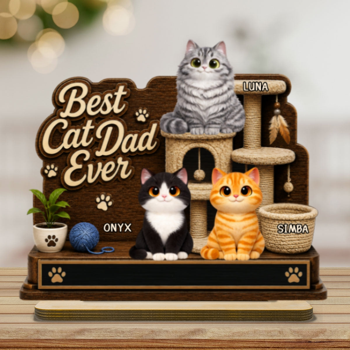 Best Cat Dad Ever Cute Cats On Cat Tree 2D Flat - Personalized 2-Layered Wooden Plaque - Gift For Cat Dad