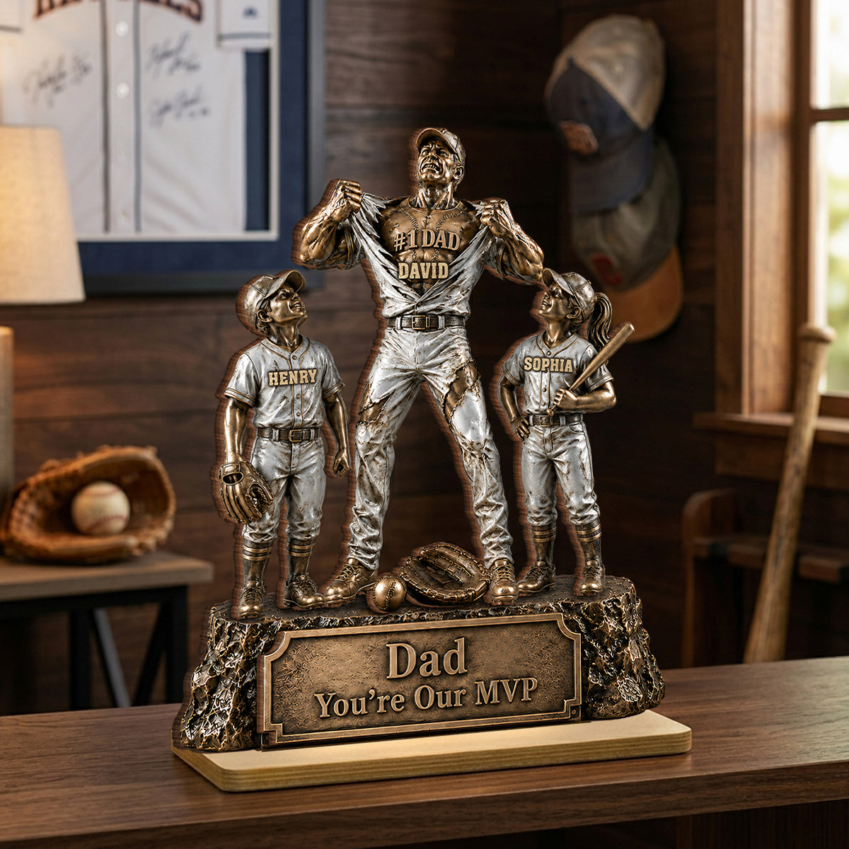 No 1 Dad Baseball Victory Trophy - Personalized 2-Layered Wooden Plaque - Gift for Dad, Husband