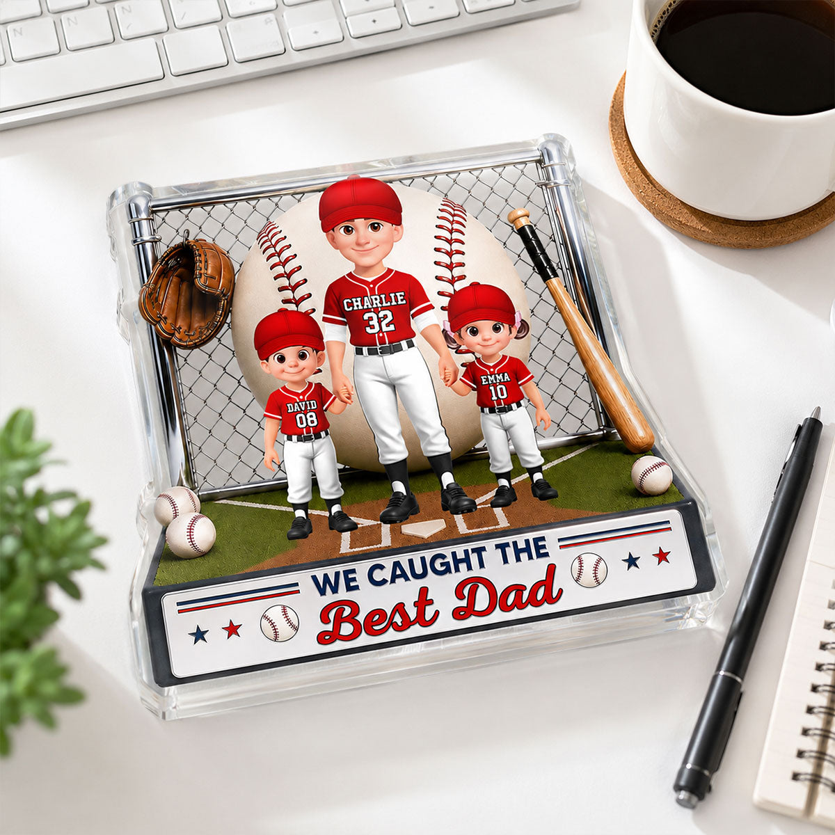 Baseball Dad And Kids We Caught The Best Dad - Personalized Acrylic Block Plaque - Gift For Dad, Husband