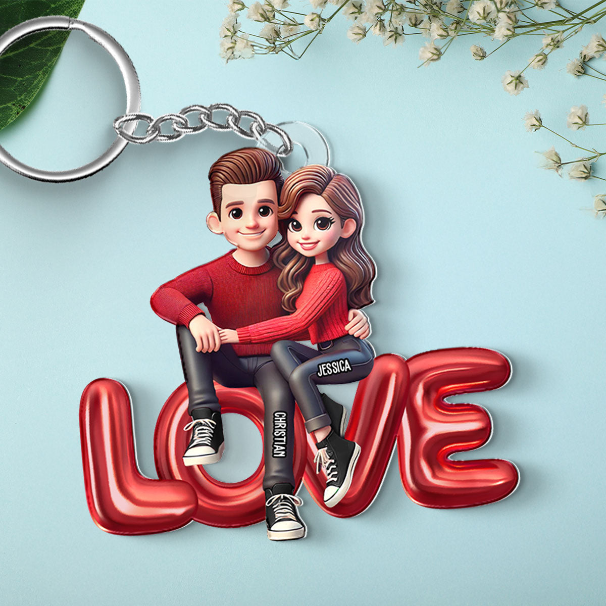3D Effect Couple Sitting On LOVE Personalized Acrylic Keychain, gift, Anniversary Gift for Couples