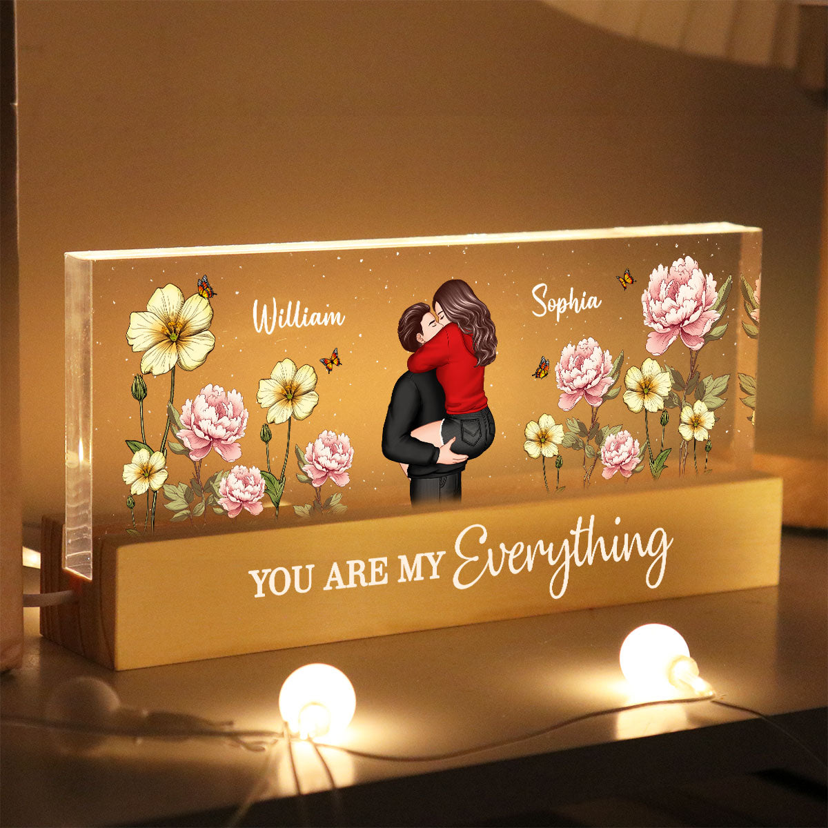 Couple Embracing Kissing Birth Month Flower Personalized Acrylic Block LED Night Light, Heartfelt 2025 Gift For Couple, For Him, For Her, Boyfriend, Girlfriend, Husband, Wife
