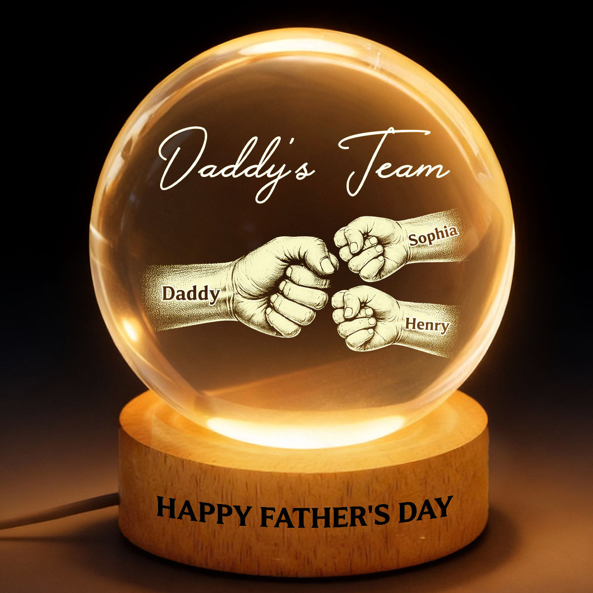 Daddy's Team Fist Bump - Personalized Crystal Ball LED Night Light - Gift For Dad, Husband