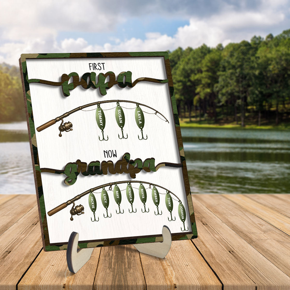 First Dad Now Grandpa Fishing Lures With Kids' Names Personalized 2-Layered Wooden Plaque, Gift For Husband, For Dad, For Grandpa