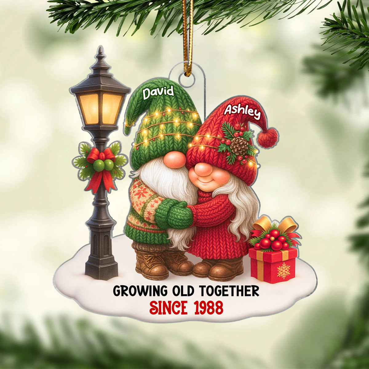 Gnome Christmas Couple Growing Old Together - Personalized Acrylic Ornament - Gift for Him, Gift for Her