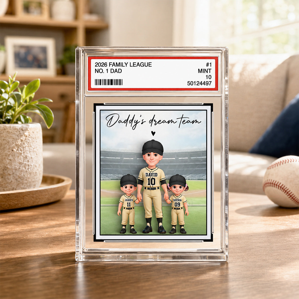 Baseball No. 1 Dad Man & Kids Standing On Court Trading Card Style - Personalized Acrylic Block Plaque - Gift For Baseball Dad