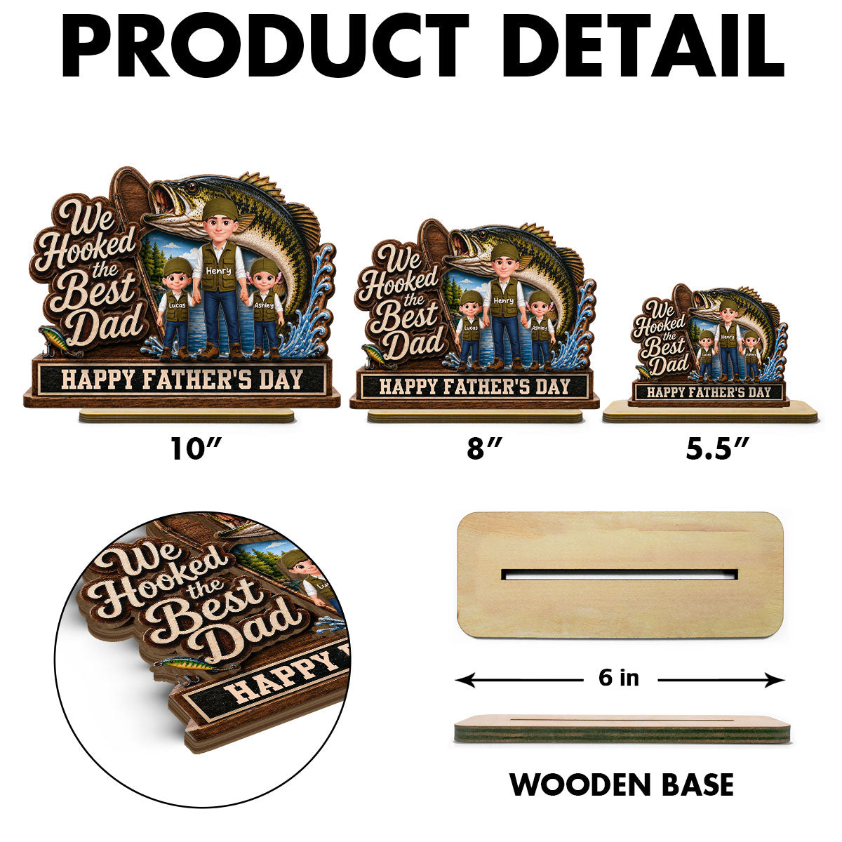 We Hooked The Best Dad Fishing Man & Kids 2D Flat - Personalized 2-Layered Wooden Plaque - Gift For Fishing Dad