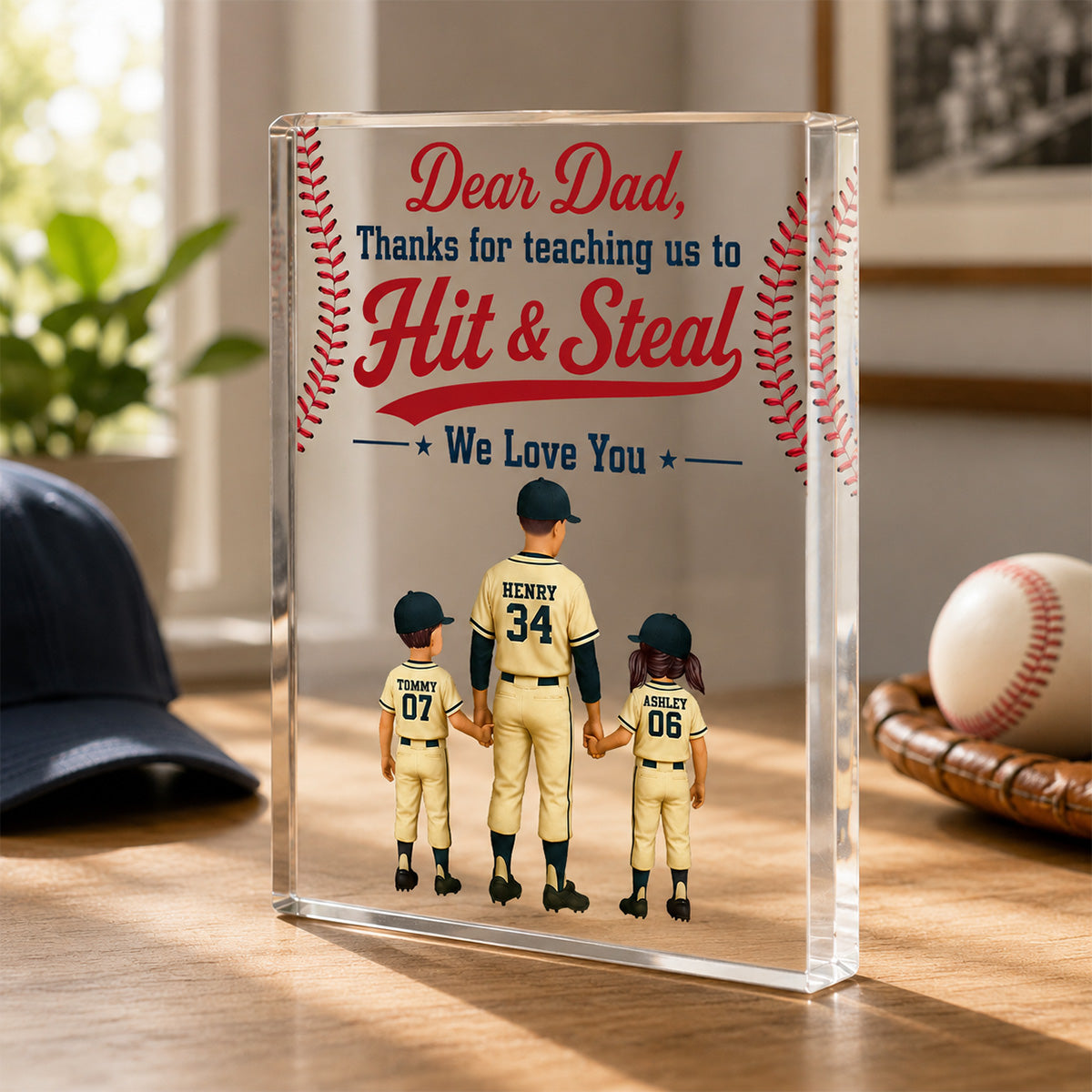 Thank You For Teaching Us To Hit & Steal Baseball Dad & Kids - Personalized Acrylic Block Plaque - Gift For Dad, Husband