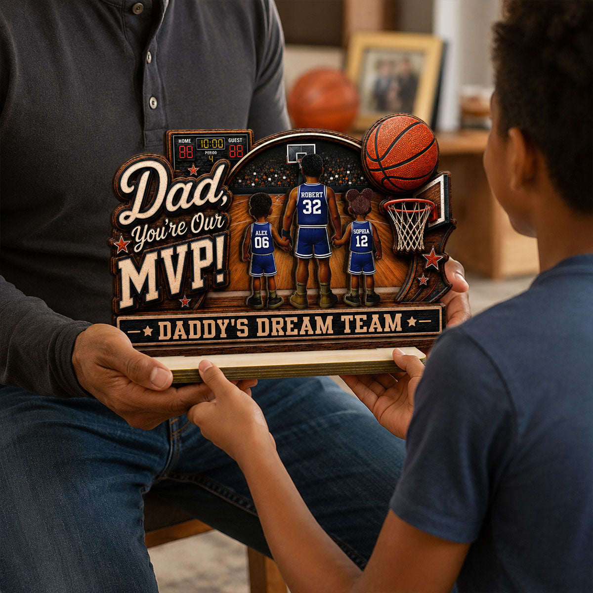 Dad You Are Our MVP Standing Basketball Man & Kids 2D Flat - Personalized 2-Layered Wooden Plaque - Gift For Basketball Dad