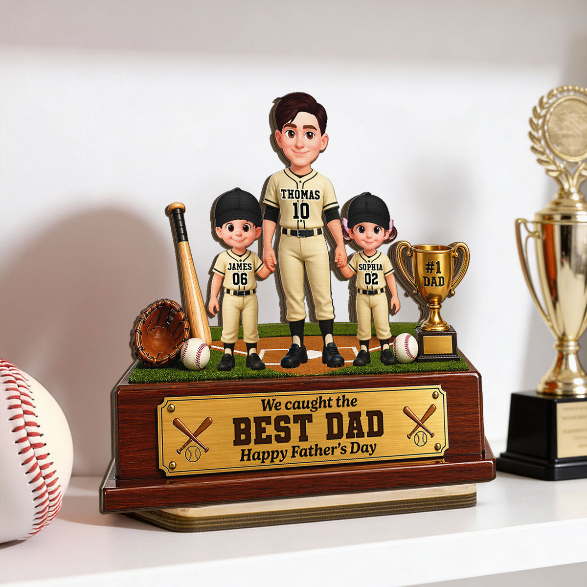 Baseball We Caught The Best Dad - Personalized 2-Layered Wooden Plaque - Gift For Dad
