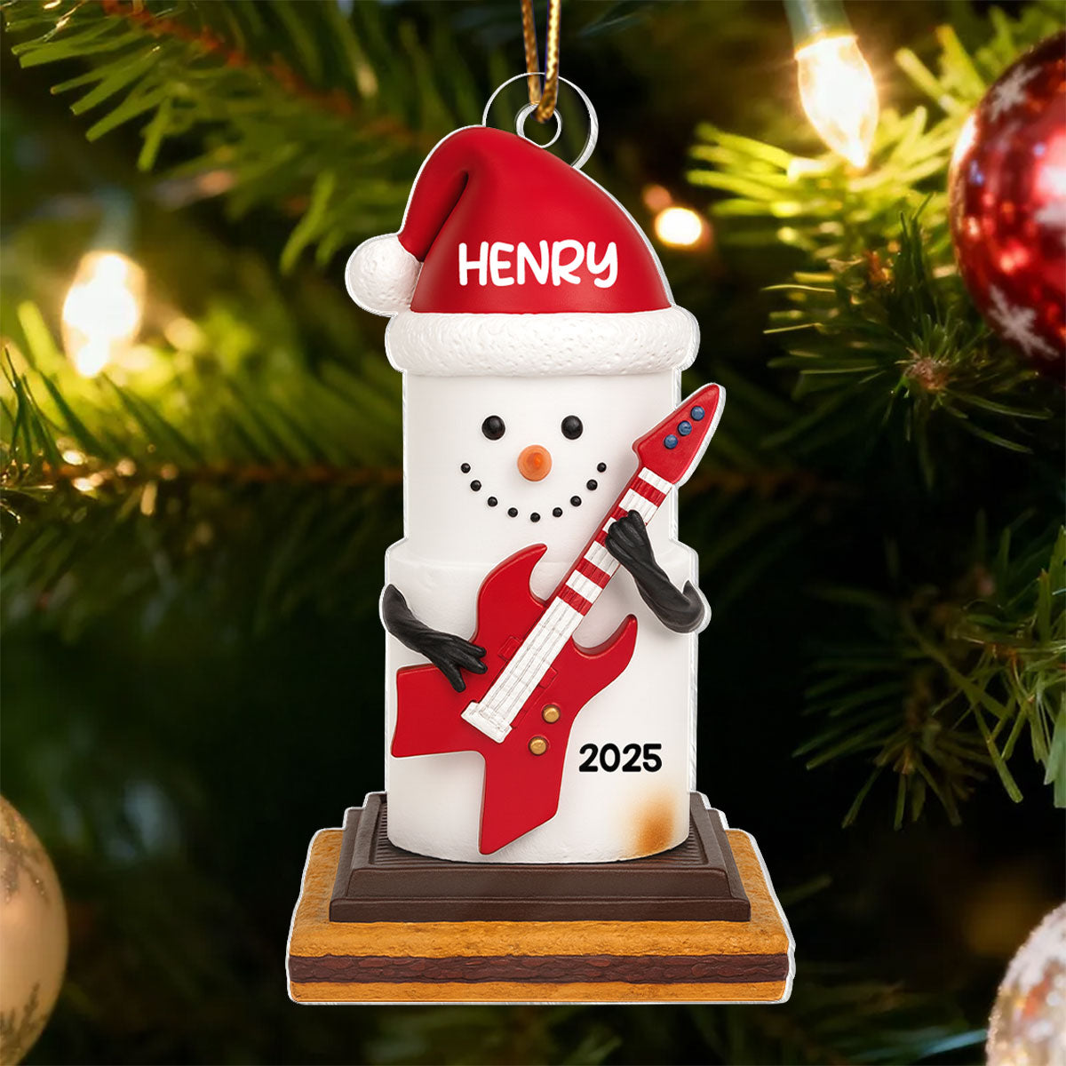 Snow Man Playing Guitar On Chocolate and Cracker - Personalized Acrylic Ornament- Gift for Guitar Lovers