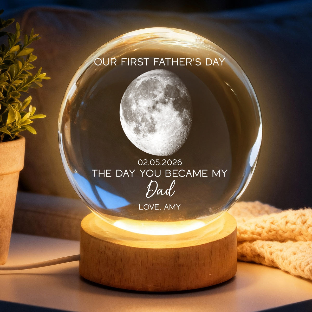 The Day You Became My Dad Custom Moon Phase First - Personalized Crystal Ball LED Night Light - First Gift For New Dad