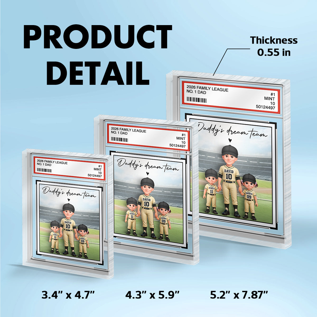 Baseball No. 1 Dad Man & Kids Standing On Court Trading Card Style - Personalized Acrylic Block Plaque - Gift For Baseball Dad