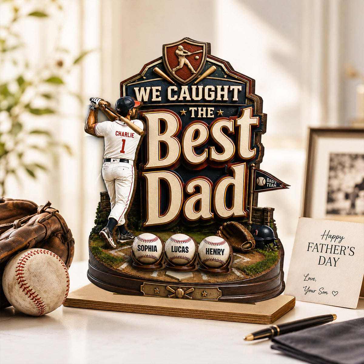 Baseball Dad & Kids We Caught The Best Dad - Personalized 2-Layered Wooden Plaque - Gift For Baseball Dad, Husband