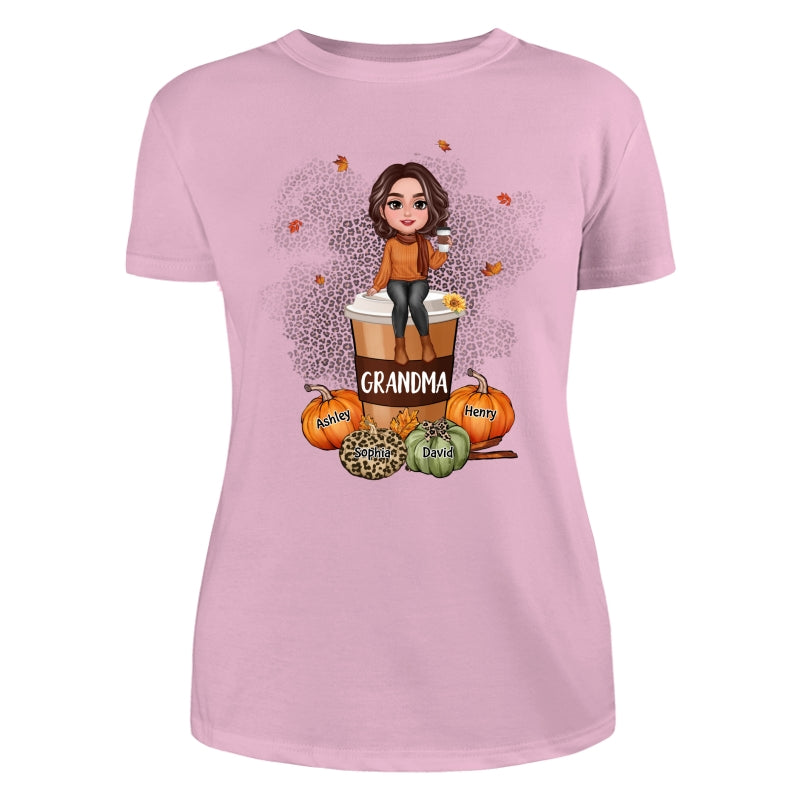 Grandma Mom Sitting On Pumpkin Spice Latte Personalized Shirt