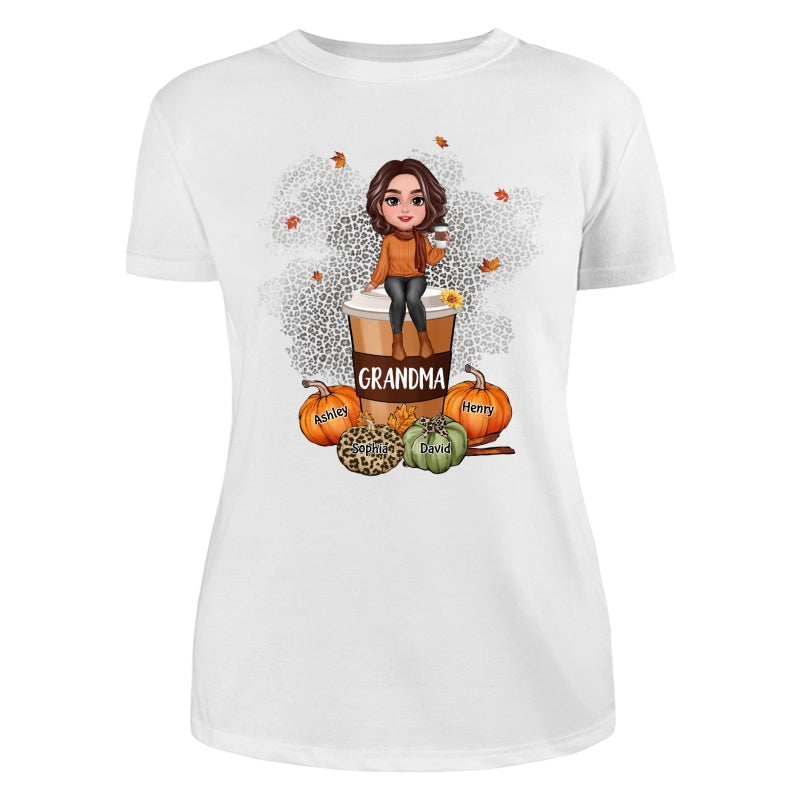 Grandma Mom Sitting On Pumpkin Spice Latte Personalized Shirt