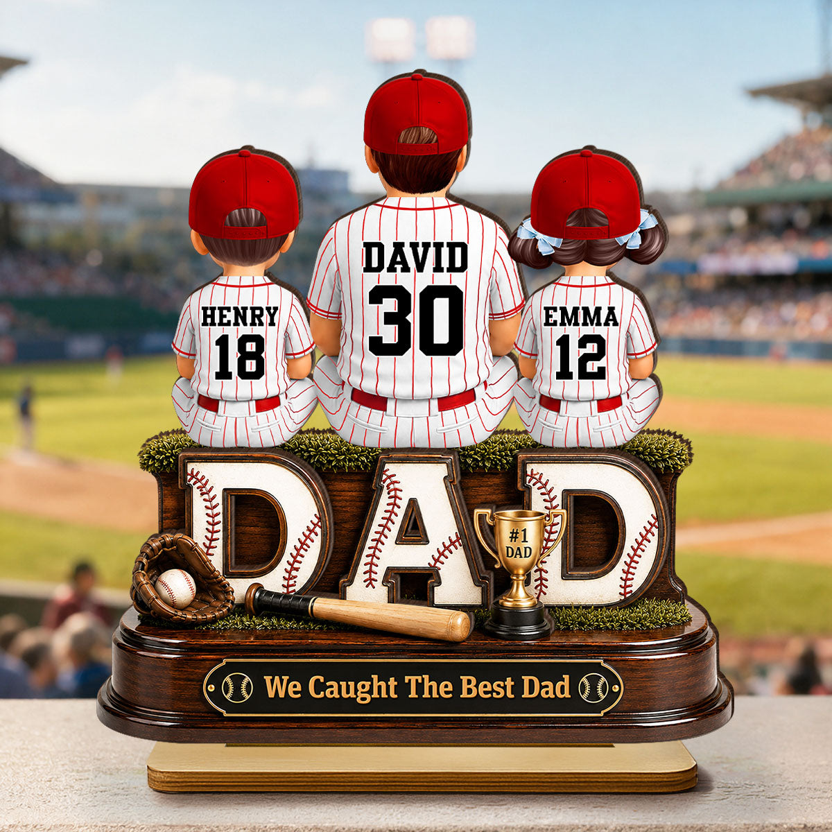 Baseball Dad and Children We Caught the Best Dad - Personalized 2-Layered Wooden Plaque - Gift for Dad, Husband