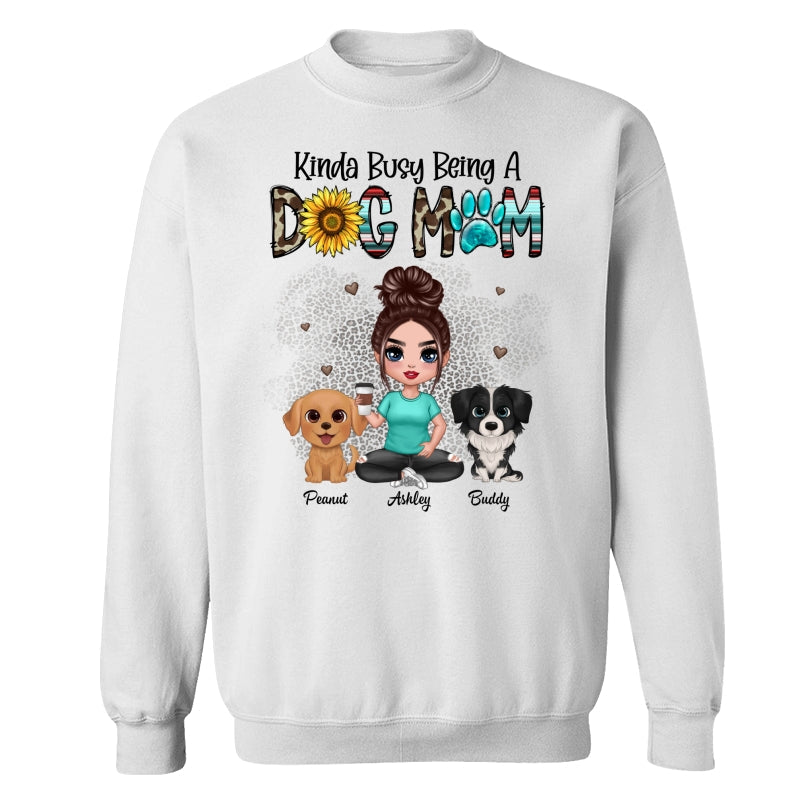 Kinda Busy Being A Dog Mom Western Pattern Teal Leopard Sunflower Doll Girl & Watercolor Dog Personalized Shirt