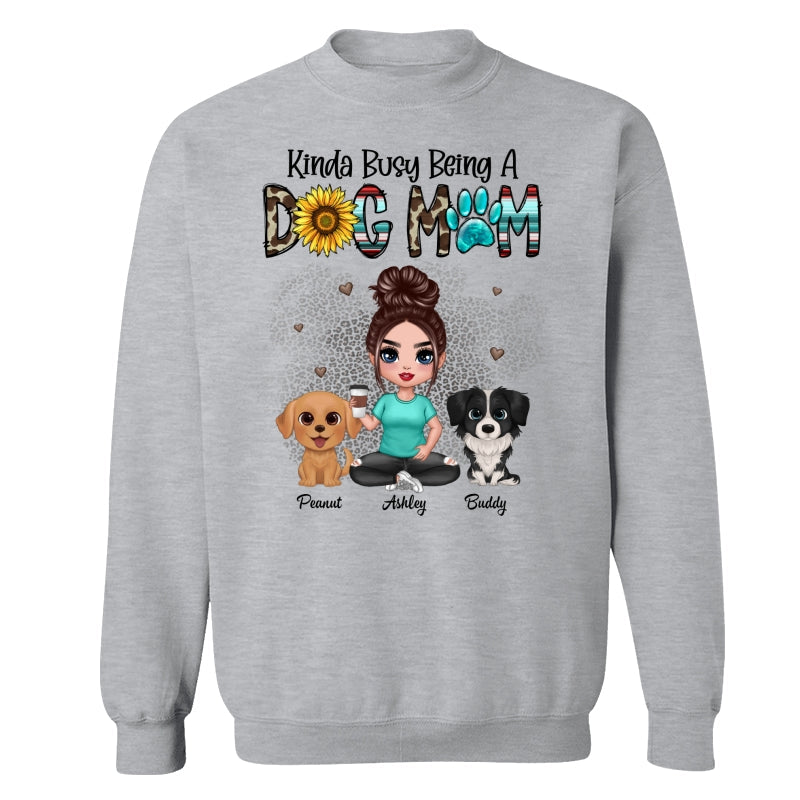 Kinda Busy Being A Dog Mom Western Pattern Teal Leopard Sunflower Doll Girl & Watercolor Dog Personalized Shirt