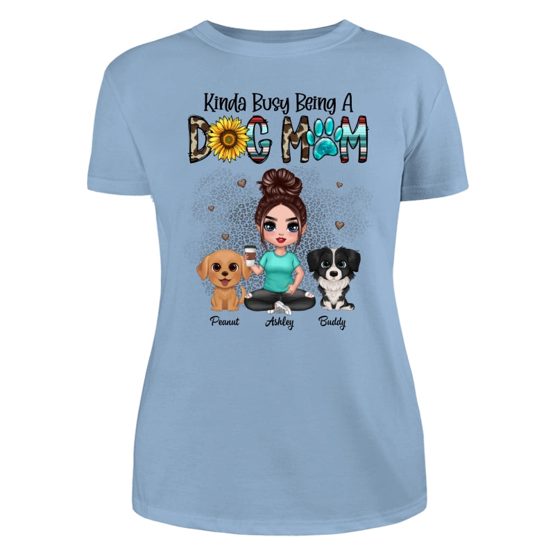 Kinda Busy Being A Dog Mom Western Pattern Teal Leopard Sunflower Doll Girl & Watercolor Dog Personalized Shirt