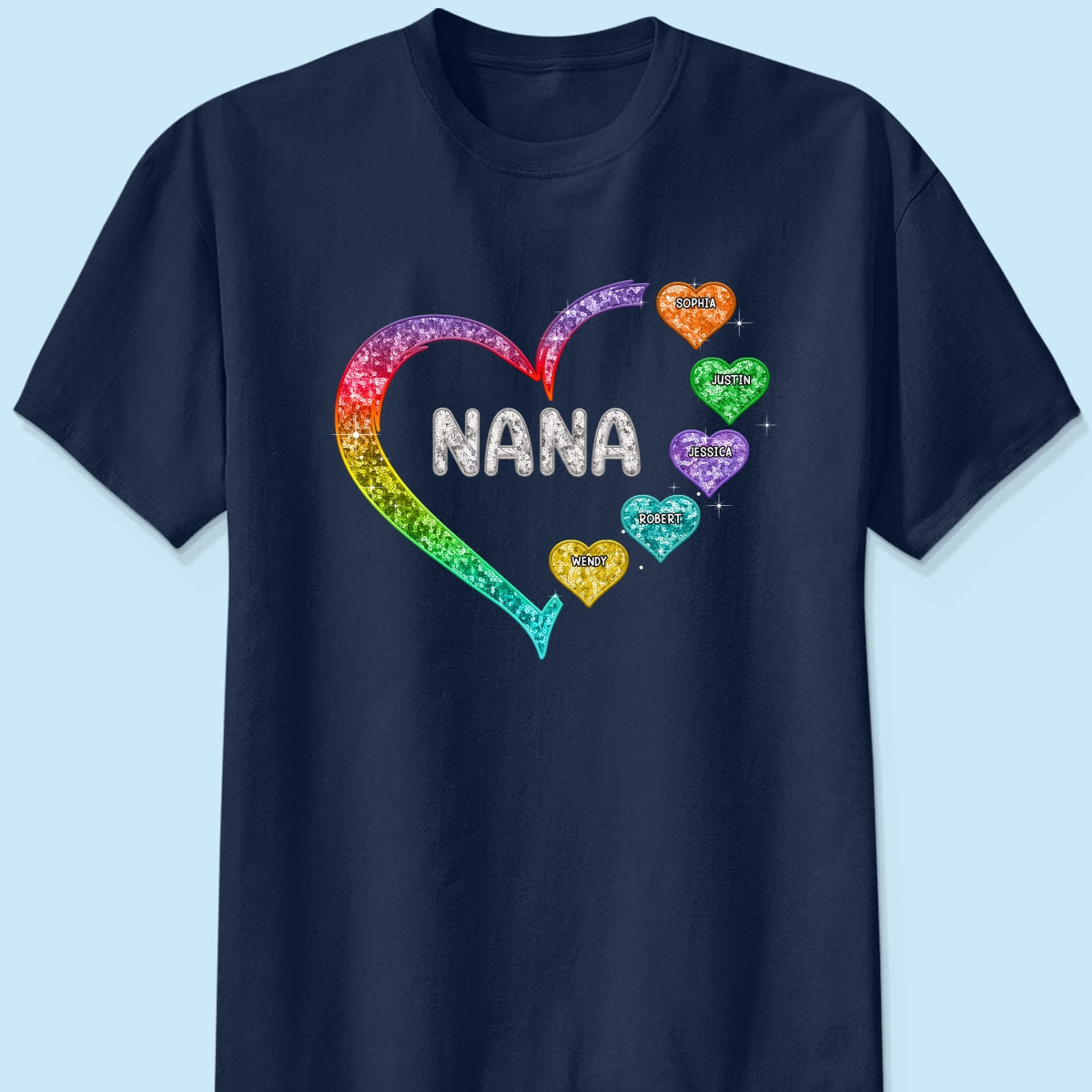 Grandma Mom Heart Faux Sequin Embroidery Personalized Shirt