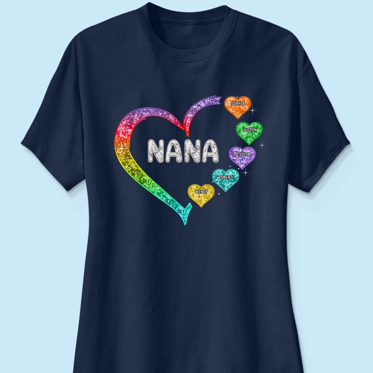 Grandma Mom Heart Faux Sequin Embroidery Personalized Shirt