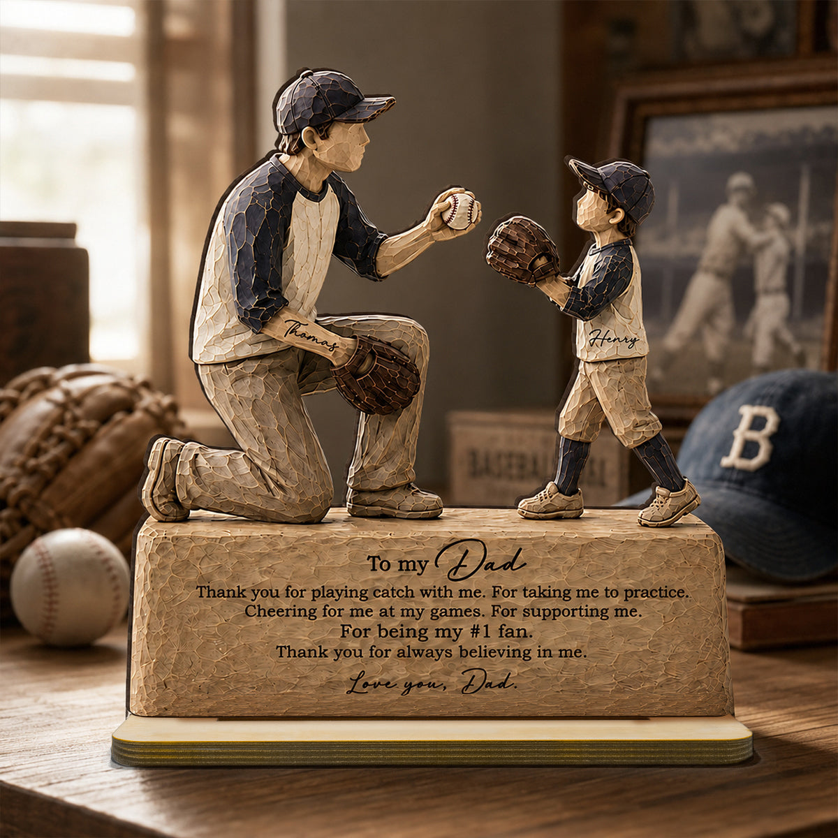 To My Baseball Dad Thanks for Playing Catch with Me - Personalized 2-Layered Wooden Plaque - Gift for Dad from Son