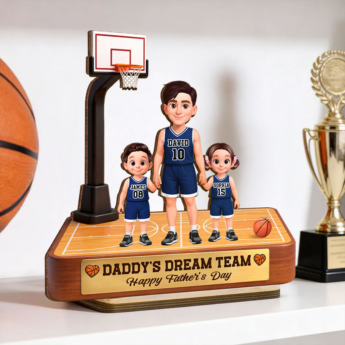 Basketball Daddy's Dream Team - Personalized 2-Layered Wooden Plaque - Gift For Dad, Husband