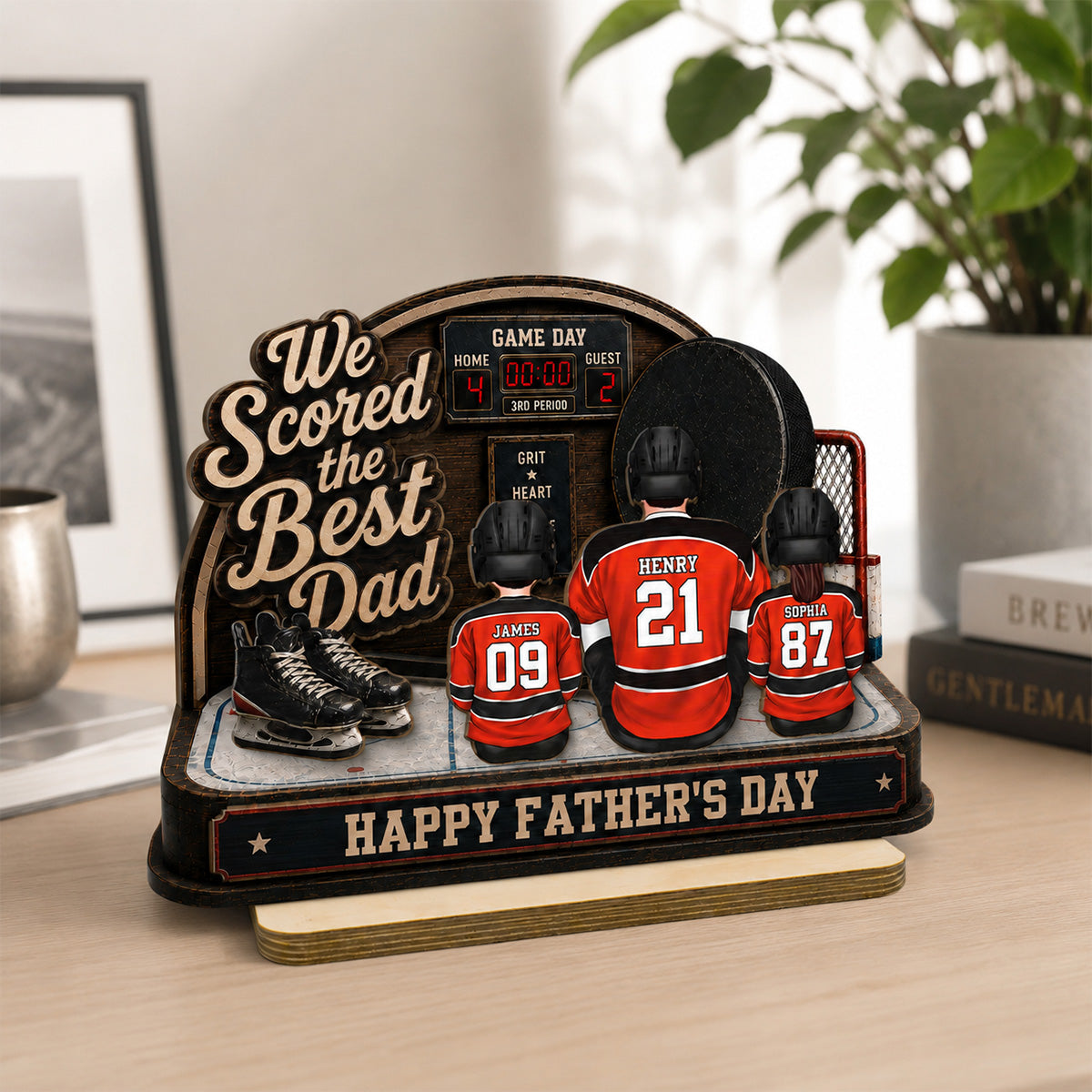 Hockey Dad & Kids Sitting On Court 2D Flat - Personalized 2-Layered Wooden Plaque - Gift For Hockey Dad