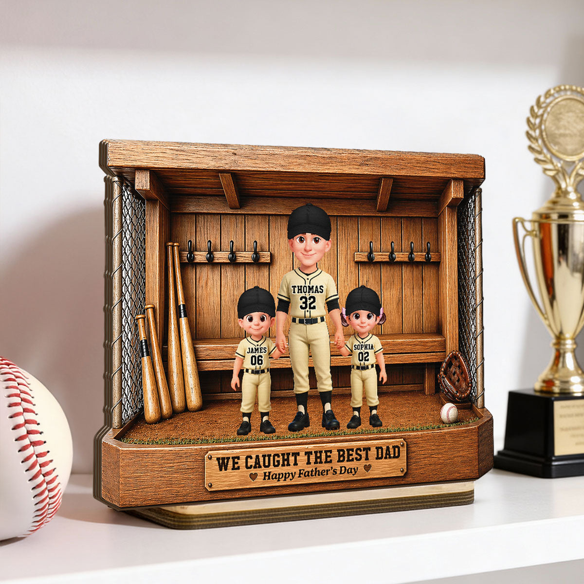 Baseball Dugout Dad And Kids We Caught The Best Dad - Personalized 2-Layered Wooden Plaque - Gift For Dad