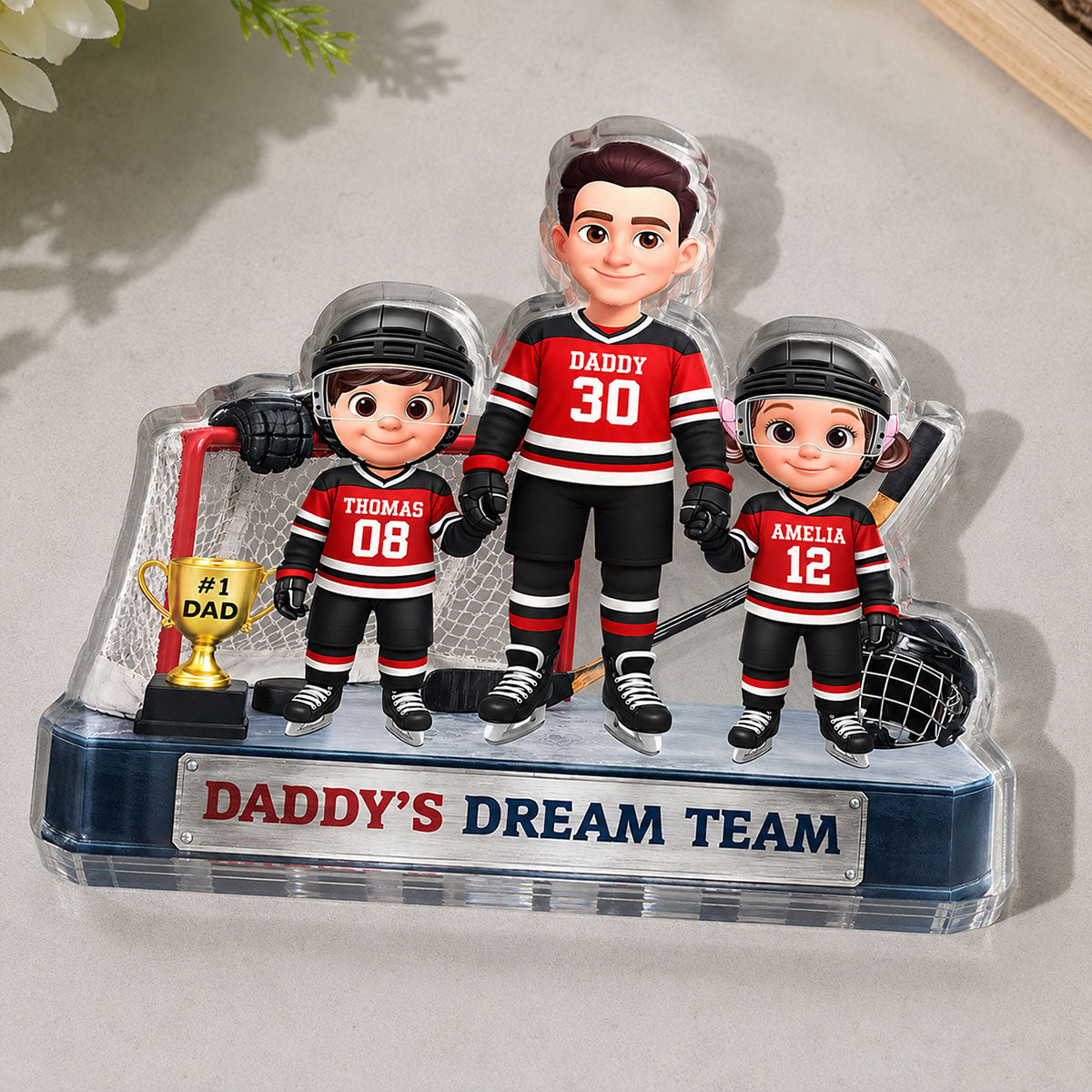 Daddy's Dream Team Hockey Dad & Kids - Personalized Acrylic Block Plaque - Gift For Dad, Husband