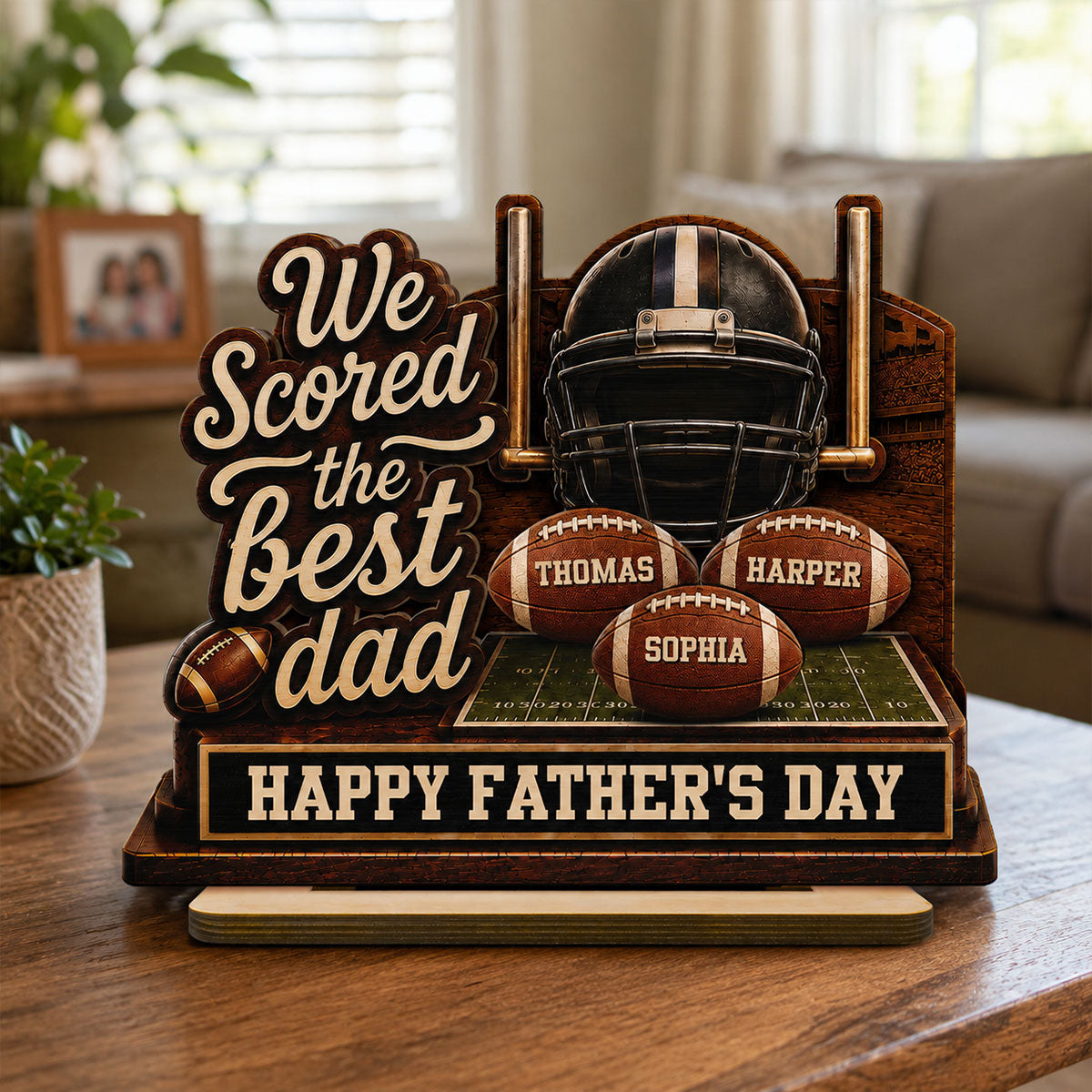 We Scored The Best American Football Dad Custom Name 2D Flat - Personalized 2-Layered Wooden Plaque - Gift For Football Dad